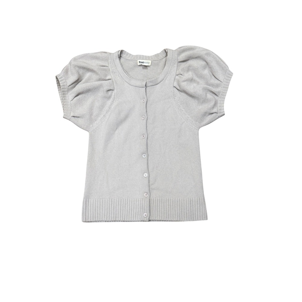 TseSay 100% Cashmere Short Puff Sleeve Cardigan Sweater Tan Beige Women M Medium